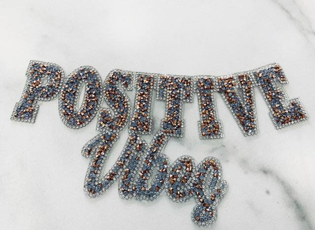 NEW Arrival, Rose Gold & Blue Crushed "Positive Vibes" Rhinestone Patch with Adhesive, Rhinestone Applique, Size 9", Czech Rhinestones, DIY
