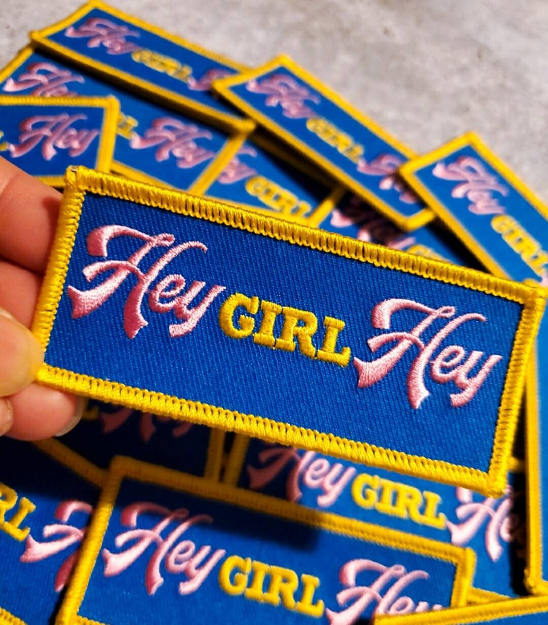 New "Hey Girl Hey," (YELLOW Border) Adorable BFF Badge,Small Patch, Feminist AF, Iron-on Applique, Size 3"x1", Bridal Party