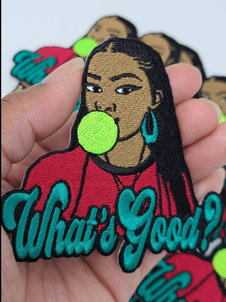 New, Colorful Patch Badge, 4x4-inch, "What's Good" Iron-on Embroidered Patch, Neon Bubble Poppin' Chic with Braids