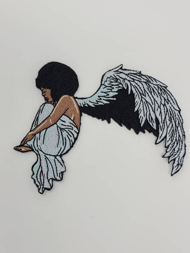 Beautiful, Black "Guardian Angel" Iron-On Patch, 100% Embroidered Afrocentric Patch; Cute Applique Clothing & Accessories, Black Girl Magic