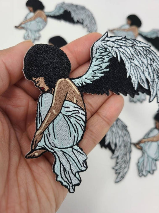 Beautiful, Black "Guardian Angel" Iron-On Patch, 100% Embroidered Afrocentric Patch; Cute Applique Clothing & Accessories, Black Girl Magic