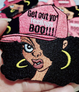 NEW, "Get Out Yo Feelings, Boo" 4" Iron or Sew on Embroidered 3D Afrocentric Patch, Exclusive Patch for DIY Crafts