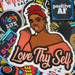 Feminist, Iron-on Patch "Love Thyself" Size 4" Embroidery Patch; Empowerment Badge; Patch for Jackets and Accessories, Cute Black Girl Patch