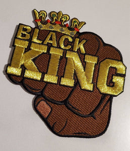 Dope, Metallic Gold "KING w/Crown" Fist Patch, 4.5", Iron-on Embroidered Afrocentric Patch; Africa Patch, Popular Patches, Patches for Men