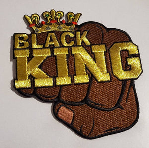 Dope, Metallic Gold "KING w/Crown" Fist Patch, 4.5", Iron-on Embroidered Afrocentric Patch; Africa Patch, Popular Patches, Patches for Men