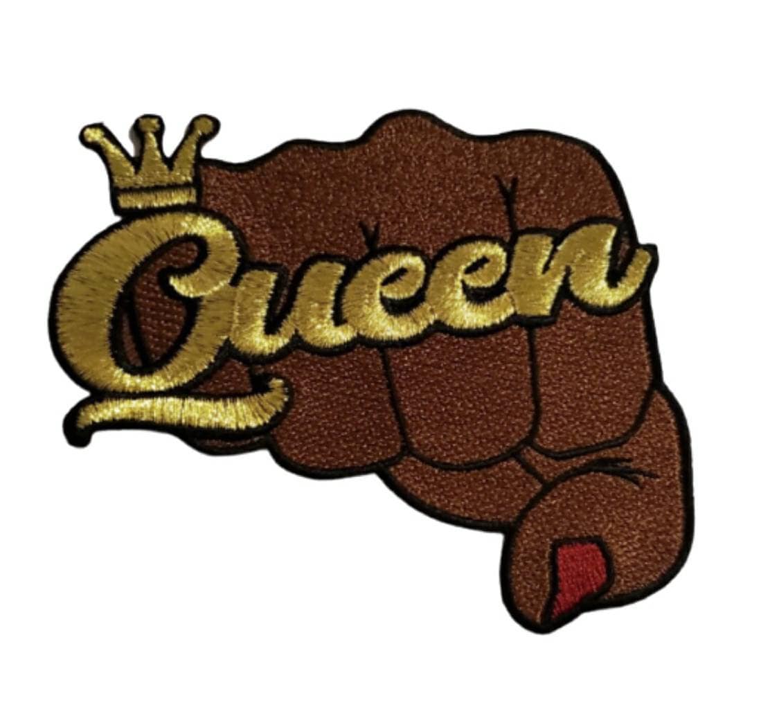 NEW, Metallic Gold, "Queen w/Crown," Fist Patch, 4.5", Iron-on Embroidered Afrocentric Patch; Jacket Patch, Popular Patches, Feminist AF