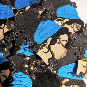 Fly Nubian Blue "Headwrap," 4-inch, Iron-on Embroidered Afrocentric Patch; Cute Black Girl Patch; DIY Patch, Craft Supplies