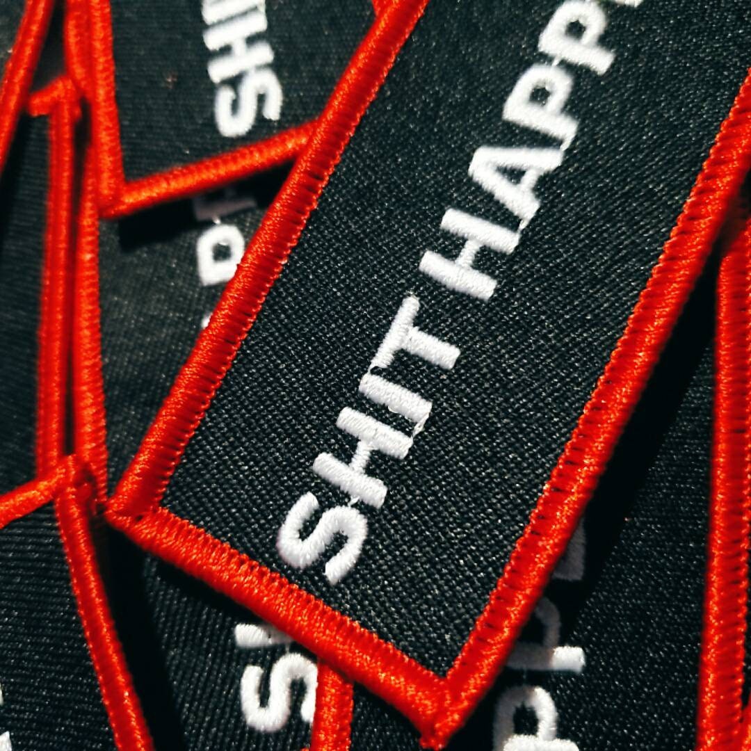 New Arrival, Red & Black "Shit Happens" Statement Patch, Size 4"x1.75", Cool Applique For Clothing, Embroidered Patch Badge, Iron-On Patch