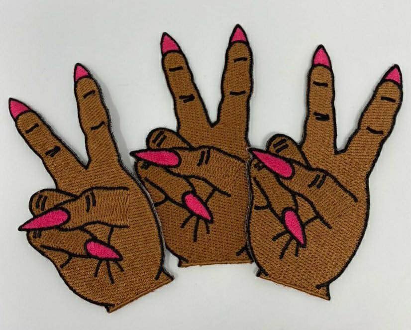 Hot Pink Stiletto Nail (1pc), Hand Sign "Peace Out" Iron-on Embroidered Patch, Exclusive Appliques, Size 3", Cool Patch for Backpack, Denim