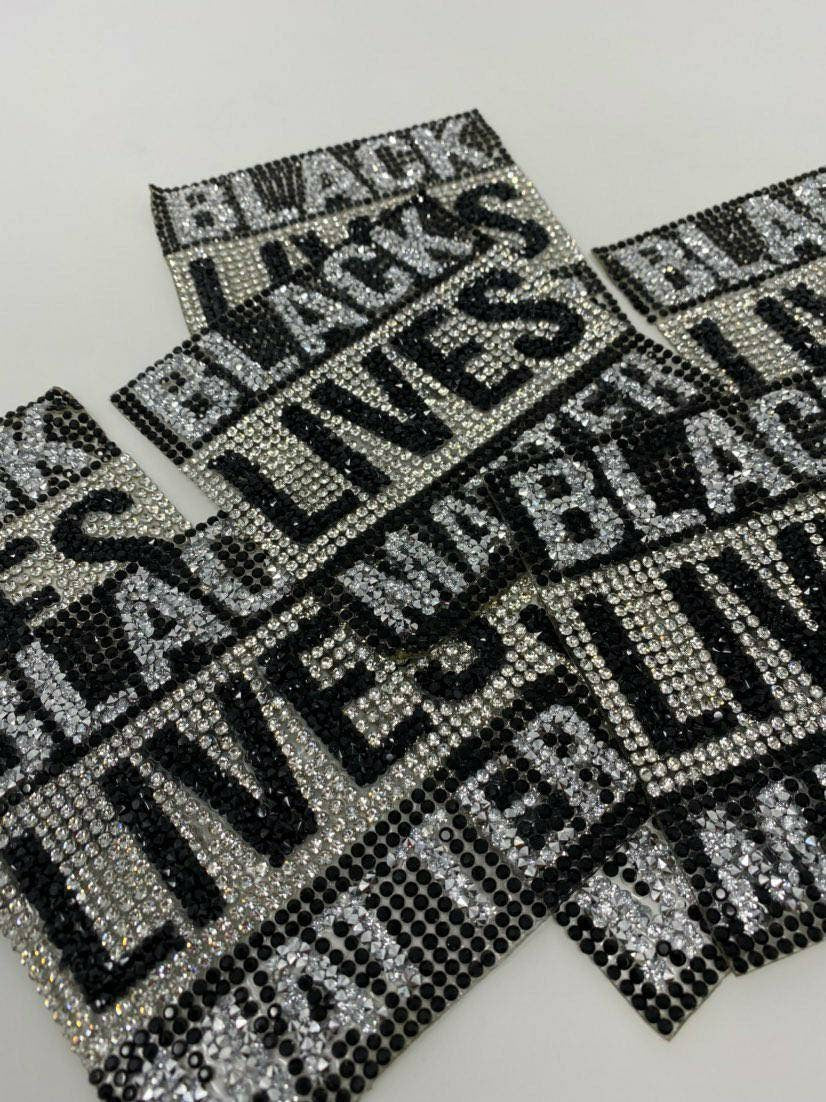 Exclusive, Rhinestone "Black Lives Matter" Iron-On Patch; Size 3.5", Bling Applique for Jackets, Hats, Shoes, Bags, DIY Supplies for Crafts
