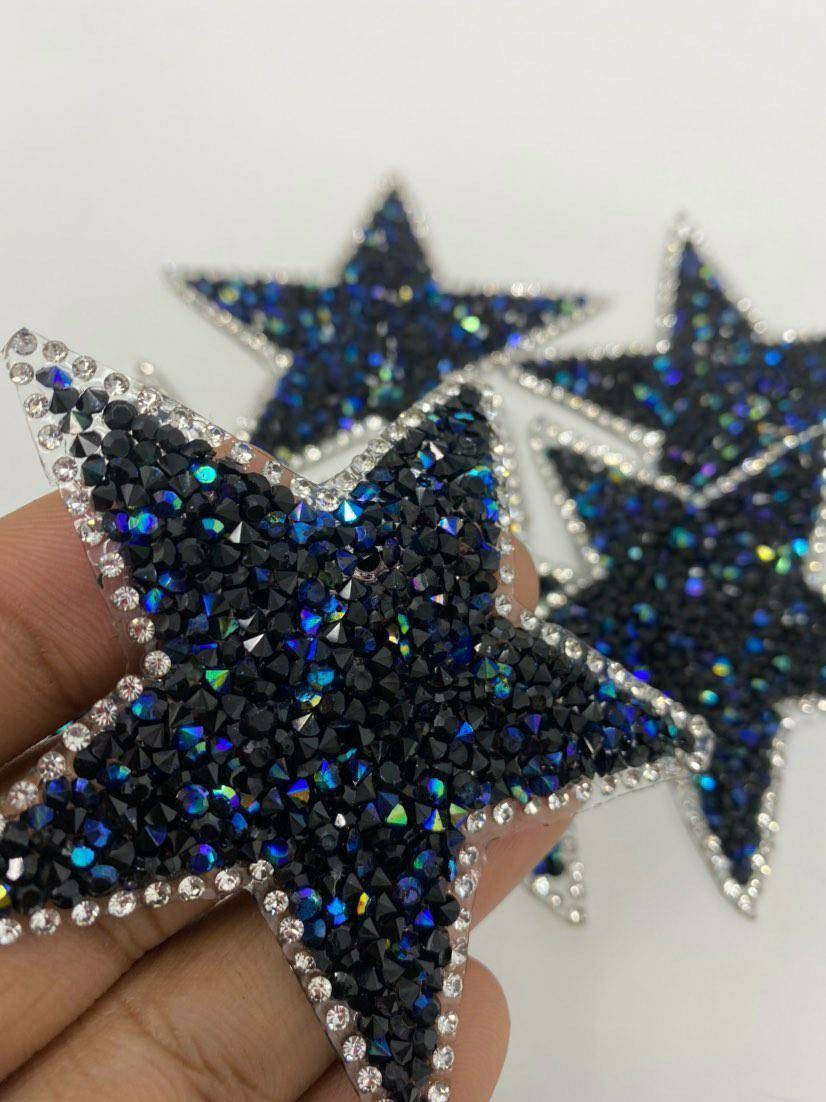 Exclusive, Black & Blue  Rhinestone "Star" Bling Patch, Size 3", Cool Applique For Clothing, Iron-on Patch, Small Patch for Jackets, DIY