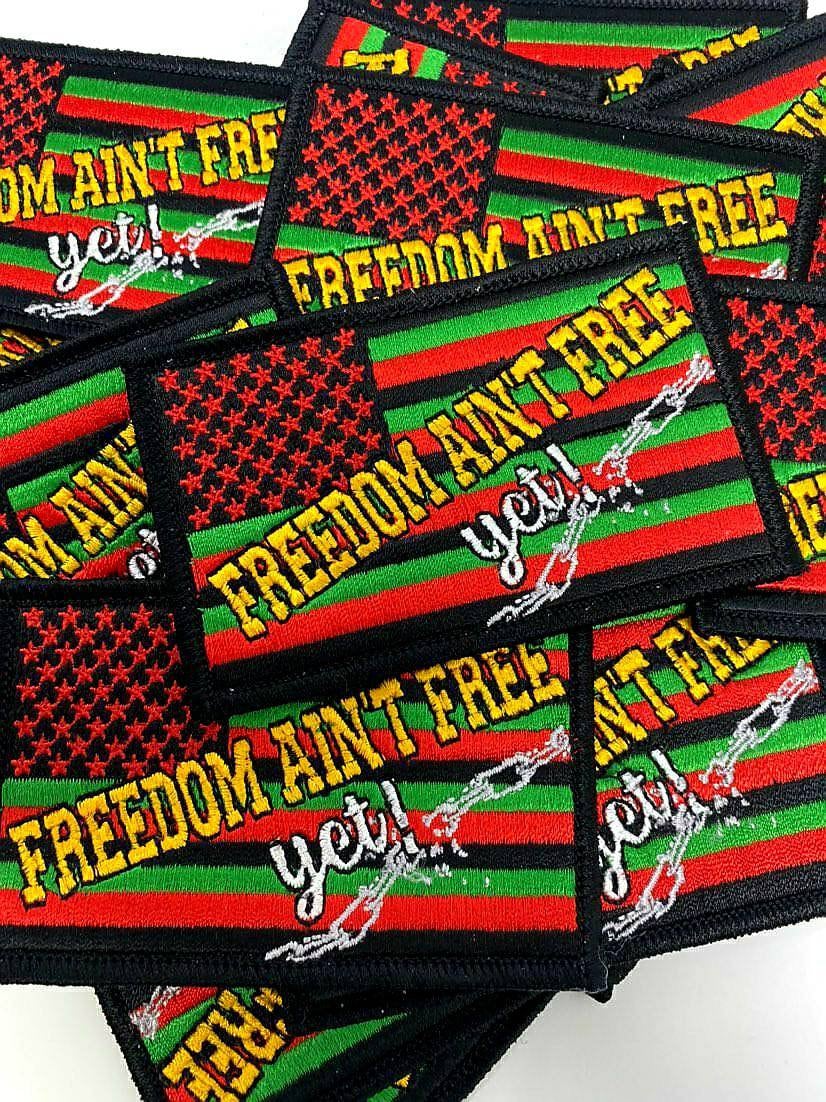 EXCLUSIVE,"RGB Freedom ain't Free, Yet" Flag Iron-On 100% Embroidered Afrocentric Patch; Juneteenth, Marcus Garvey, Unia Flag, 3.5"x2"