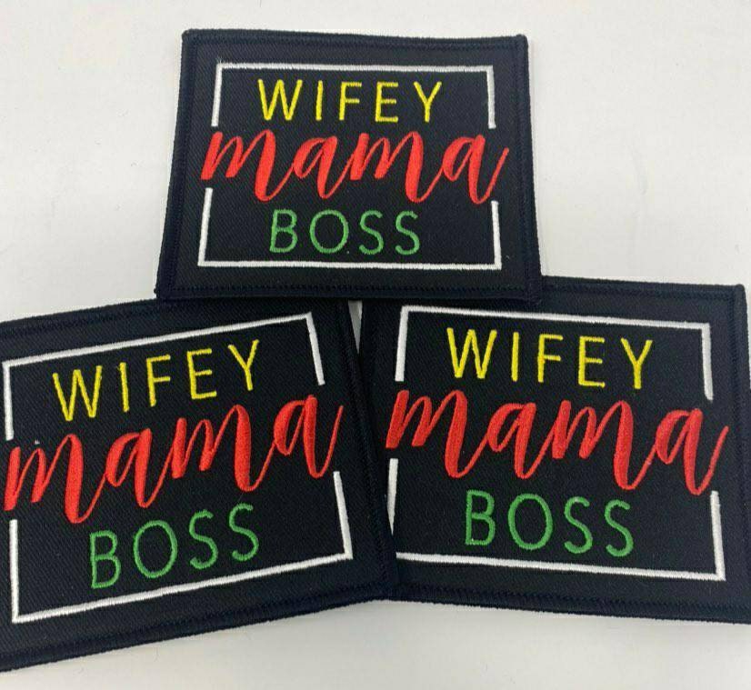 NEW, "Wifey, Mama, Boss" (Blk, Red, Yellow) Iron-on Patch for Denim Jackets, Hats, and Bags, Small Jacket Patch, Size 4"x4", Craft Supplies