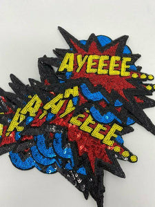 NEW, Sequins "Ayeeee..." Starburst Patch, Adorable Emblem, Home Girls Statement Patch, Iron-on Embroidered Applique, Size 6", Jacket Patch