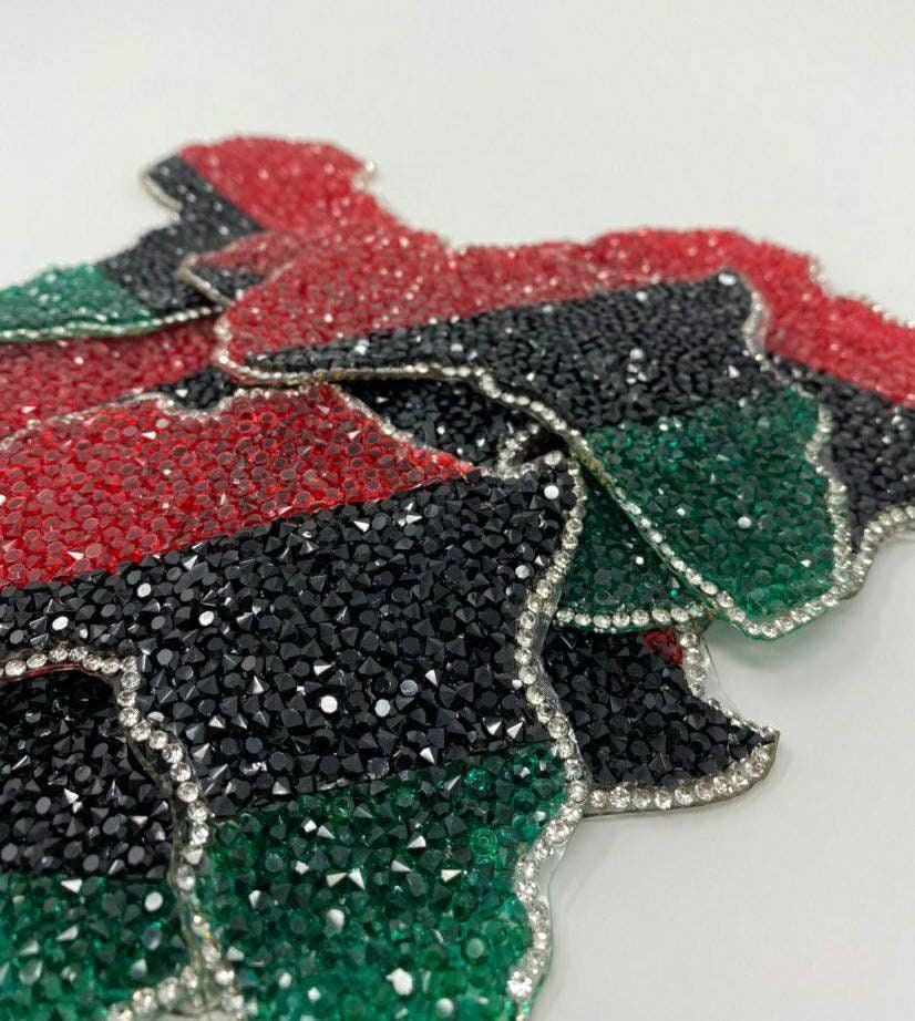 Rhinestone "Pan-African Flag" Iron-On 100% Afrocentric Patch; Juneteenth, Marcus Garvey, Unia Flag, Red, Green, and Black, 4"