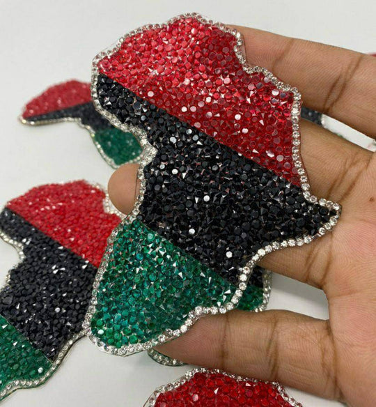 Rhinestone "Pan-African Flag" Iron-On 100% Afrocentric Patch; Juneteenth, Marcus Garvey, Unia Flag, Red, Green, and Black, 4"