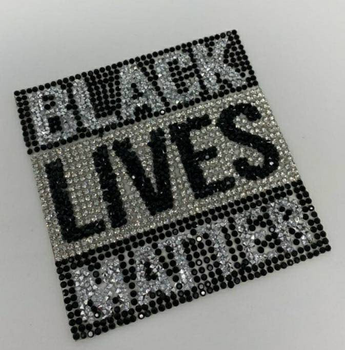 Exclusive, Rhinestone "Black Lives Matter" Iron-On Patch; Size 3.5", Bling Applique for Jackets, Hats, Shoes, Bags, DIY Supplies for Crafts