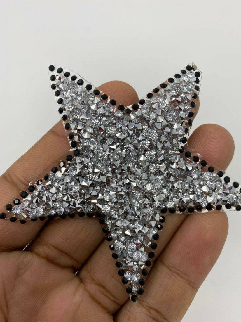 Exclusive, SILVER Rhinestone "Star" Bling Patch, Size 3", Cool Applique For Clothing, Iron-on Patch, Small Patch for Jackets, DIY Projects