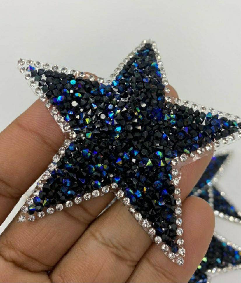 Exclusive, Black & Blue  Rhinestone "Star" Bling Patch, Size 3", Cool Applique For Clothing, Iron-on Patch, Small Patch for Jackets, DIY
