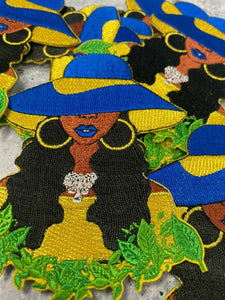 Sassy, Blue & Gold, Sophisticated Diva, 1pc with Blue Lipgloss, Iron-on Afrocentric Patch, Size 4", Sorority Girl Badge, DIY Craft Supplies
