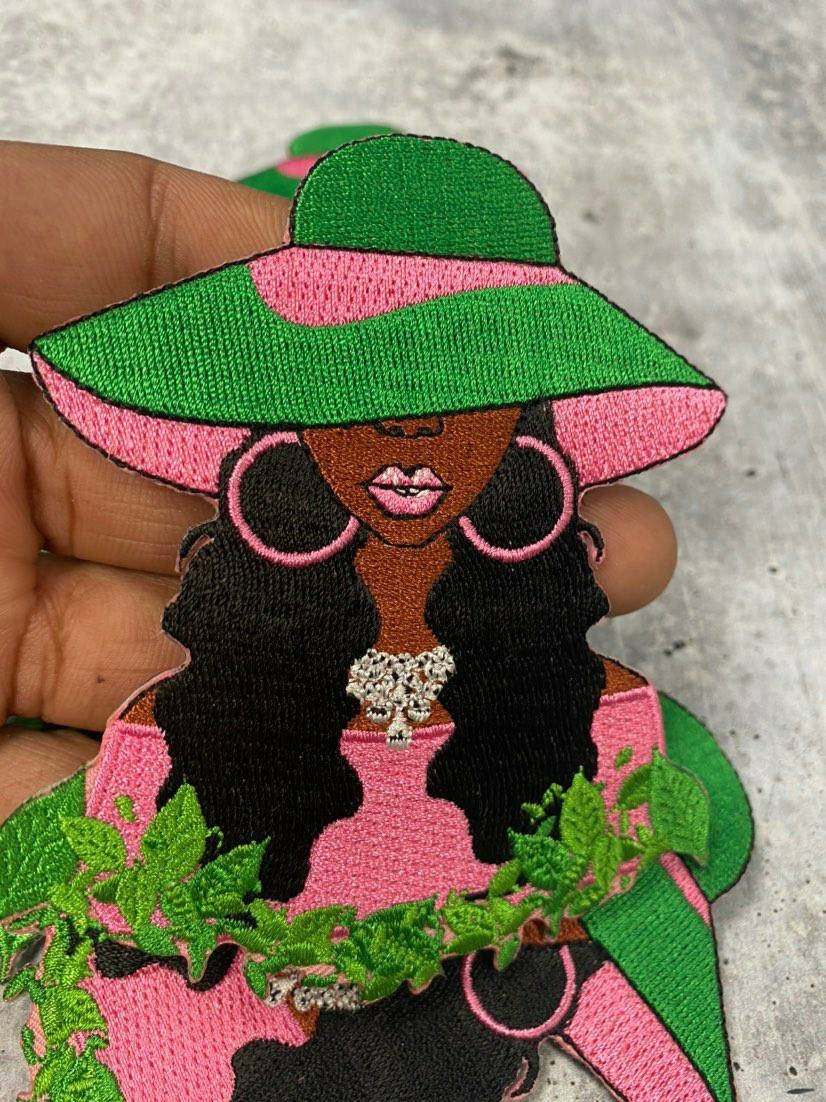 Sassy, Pink & Green, Sophisticated Diva, 1pc with Pink Lipgloss, Iron-on Afrocentric Patch, Size 4", Sorority Girl Badge, DIY Craft Supplies