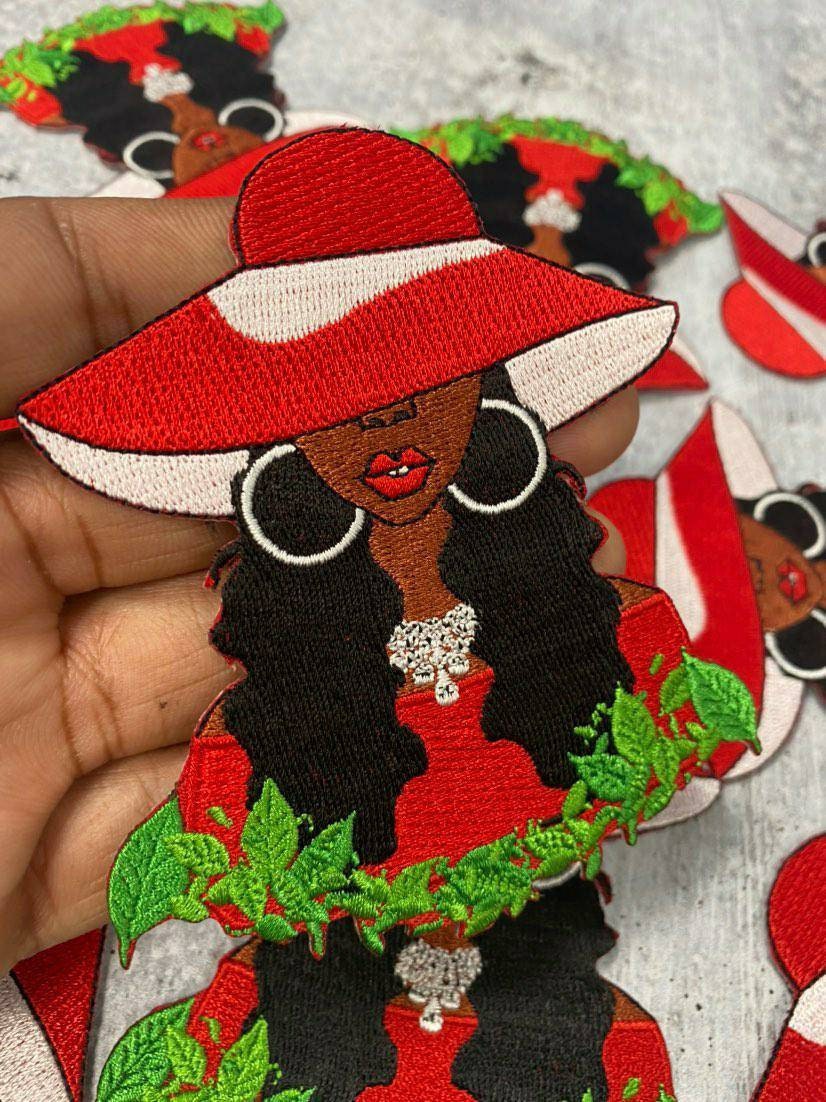 Sassy, Red & White, 1pc, Sophisticated Diva, with Red Lipgloss, Iron-on Afrocentric Patch, Size 4", Sorority Girl Badge, DIY Craft Supplies