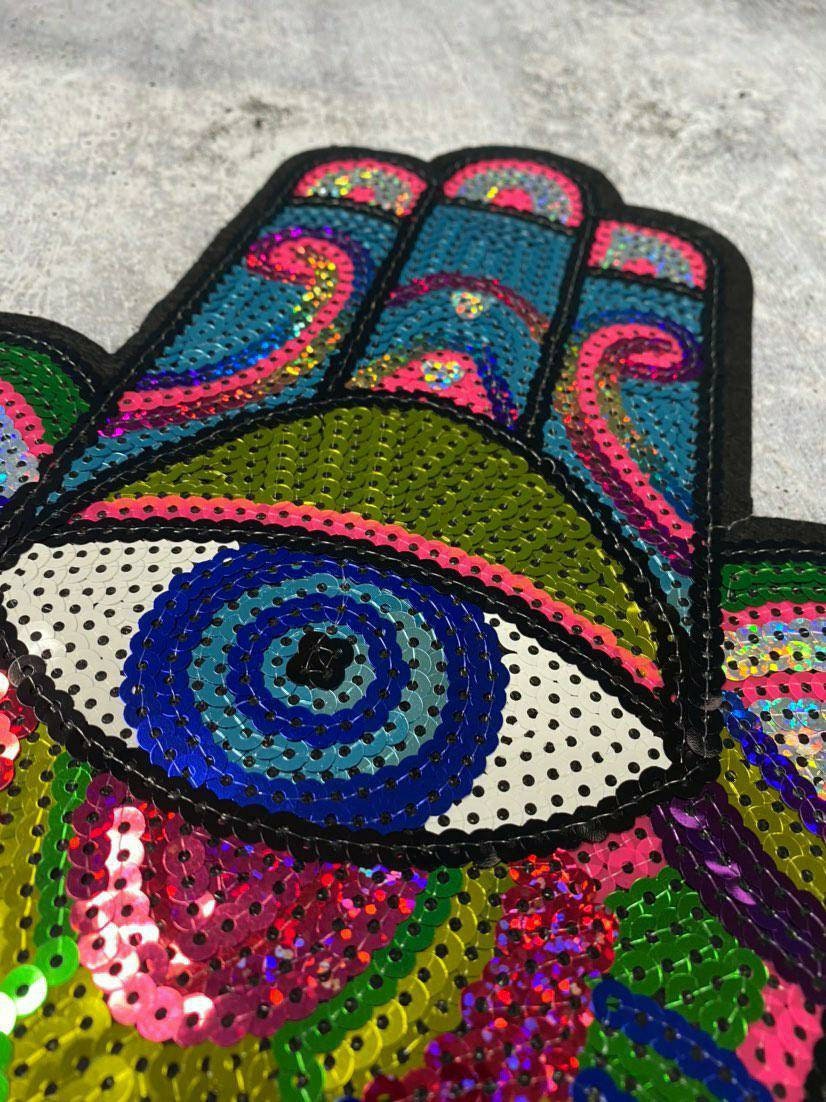 New Arrival, "Hamsa Eye Patch," Large Sequins Iron-on Patch, Colorful, Cool Bling Patch, DIY Applique; Vintage Patch, Size 8"