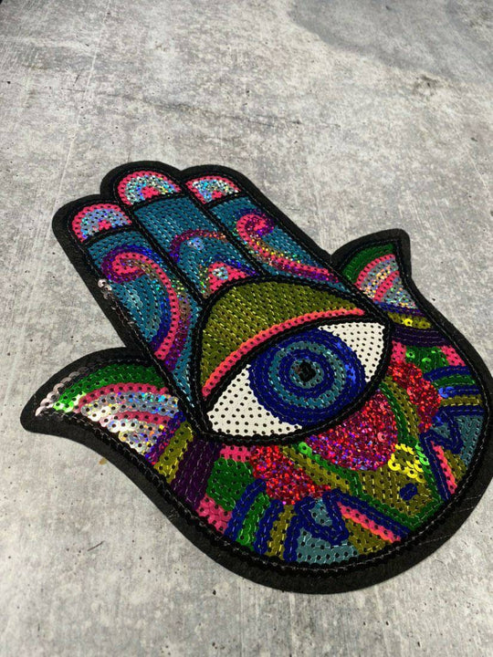 New Arrival, "Hamsa Eye Patch," Large Sequins Iron-on Patch, Colorful, Cool Bling Patch, DIY Applique; Vintage Patch, Size 8"