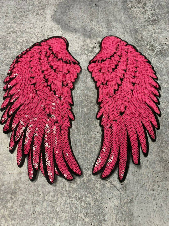 New Sequins, Hot PINK Angel Wings Patch (iron-on) Size 10"x5.5", LARGE Bling Patch for Denim Jacket, Shirts, Hoodies, and More