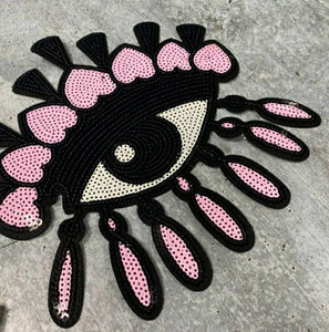 New Arrival, PINK "Drippin Evil Eye Patch," Large Sequins Iron-on Patch, Colorful, Cool Bling Patch, DIY Applique; Vintage Patch, Size 9.5"