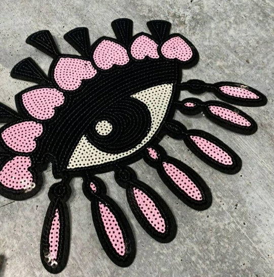 New Arrival, PINK "Drippin Evil Eye Patch," Large Sequins Iron-on Patch, Colorful, Cool Bling Patch, DIY Applique; Vintage Patch, Size 9.5"
