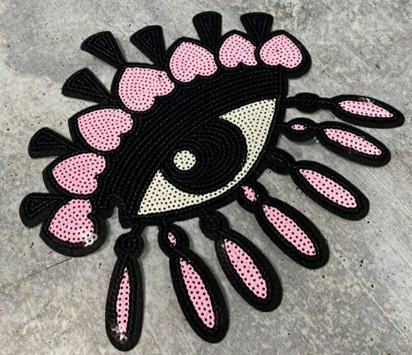 New Arrival, PINK "Drippin Evil Eye Patch," Large Sequins Iron-on Patch, Colorful, Cool Bling Patch, DIY Applique; Vintage Patch, Size 9.5"