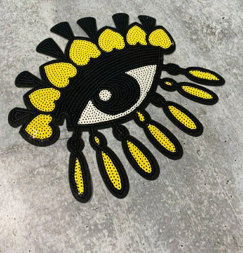 New Arrival, YELLOW "Drippin Evil Eye Patch," Large Sequins Iron-on Patch, Colorful, Cool Patch, DIY Applique; Vintage Patch, Size 9.5"
