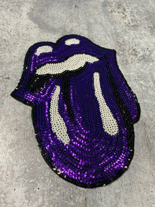 Sequins PURPLE Lips and Tongue Patch (iron-on) Size 10.5", LARGE Bling Patch for Denim Jacket, Shirts, Hoodies, and More