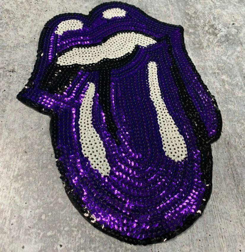 Sequins PURPLE Lips and Tongue Patch (iron-on) Size 10.5", LARGE Bling Patch for Denim Jacket, Shirts, Hoodies, and More