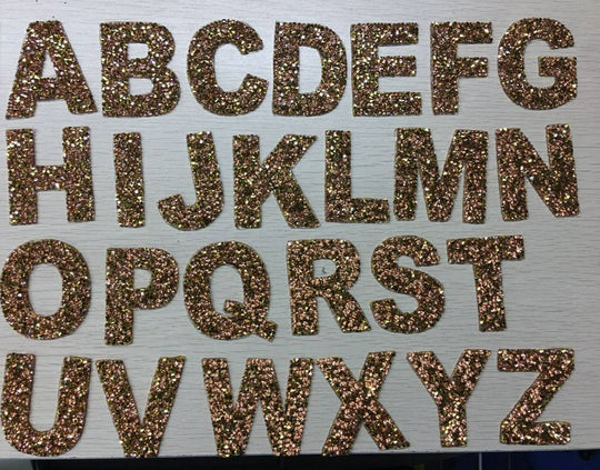 26-pc Set, GOLD Hotfix Rhinestone Letters, Full Alphabet A-Z,  Rhinestone Patch with Adhesive, Mesh Bling Letters, Size 2.28"