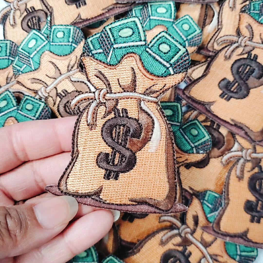 New Arrival, 1 pc, SMALL: "Bag of Money" Check a Bag Patch, Size 3.5", Iron-on 100% Embroidered Patch; Entrepreneur Gift; Jacket Patch, DIY