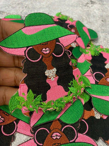 Sassy, Pink & Green, Sophisticated Diva, 1pc with Pink Lipgloss, Iron-on Afrocentric Patch, Size 4", Sorority Girl Badge, DIY Craft Supplies