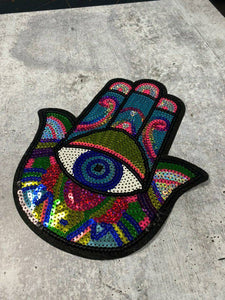 New Arrival, "Hamsa Eye Patch," Large Sequins Iron-on Patch, Colorful, Cool Bling Patch, DIY Applique; Vintage Patch, Size 8"