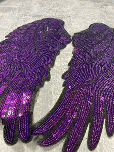 New Sequins, PURPLE Angel Wings Patch (iron-on) Size 10"x5.5", LARGE Bling Patch for Denim Jacket, Shirts, Hoodies, and More