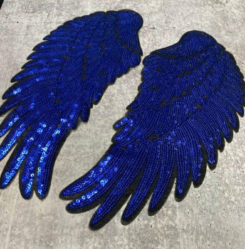 New, Sequins, Royal BLUE Angel Wings Patch (iron-on) Size 10"x5.5", LARGE Bling Patch for Denim Jacket, Shirts, Hoodies, and More