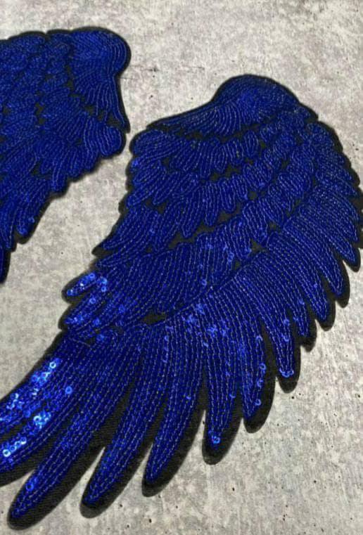 New, Sequins, Royal BLUE Angel Wings Patch (iron-on) Size 10"x5.5", LARGE Bling Patch for Denim Jacket, Shirts, Hoodies, and More