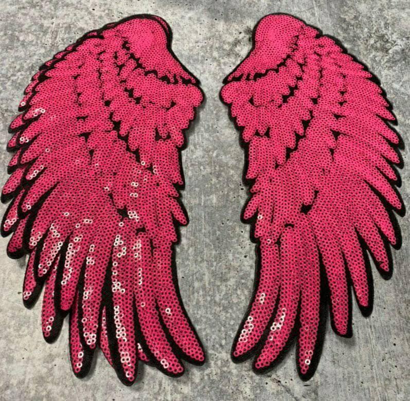 New Sequins, Hot PINK Angel Wings Patch (iron-on) Size 10"x5.5", LARGE Bling Patch for Denim Jacket, Shirts, Hoodies, and More