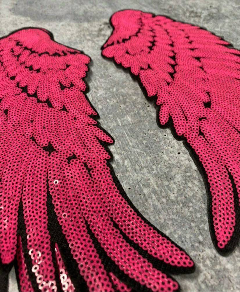 New Sequins, Hot PINK Angel Wings Patch (iron-on) Size 10"x5.5", LARGE Bling Patch for Denim Jacket, Shirts, Hoodies, and More
