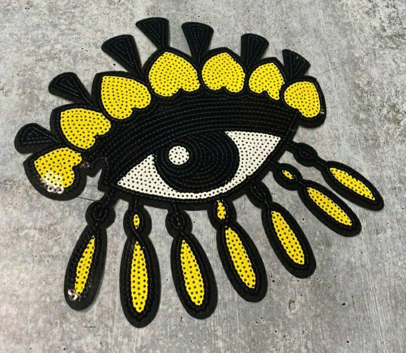 New Arrival, YELLOW "Drippin Evil Eye Patch," Large Sequins Iron-on Patch, Colorful, Cool Patch, DIY Applique; Vintage Patch, Size 9.5"