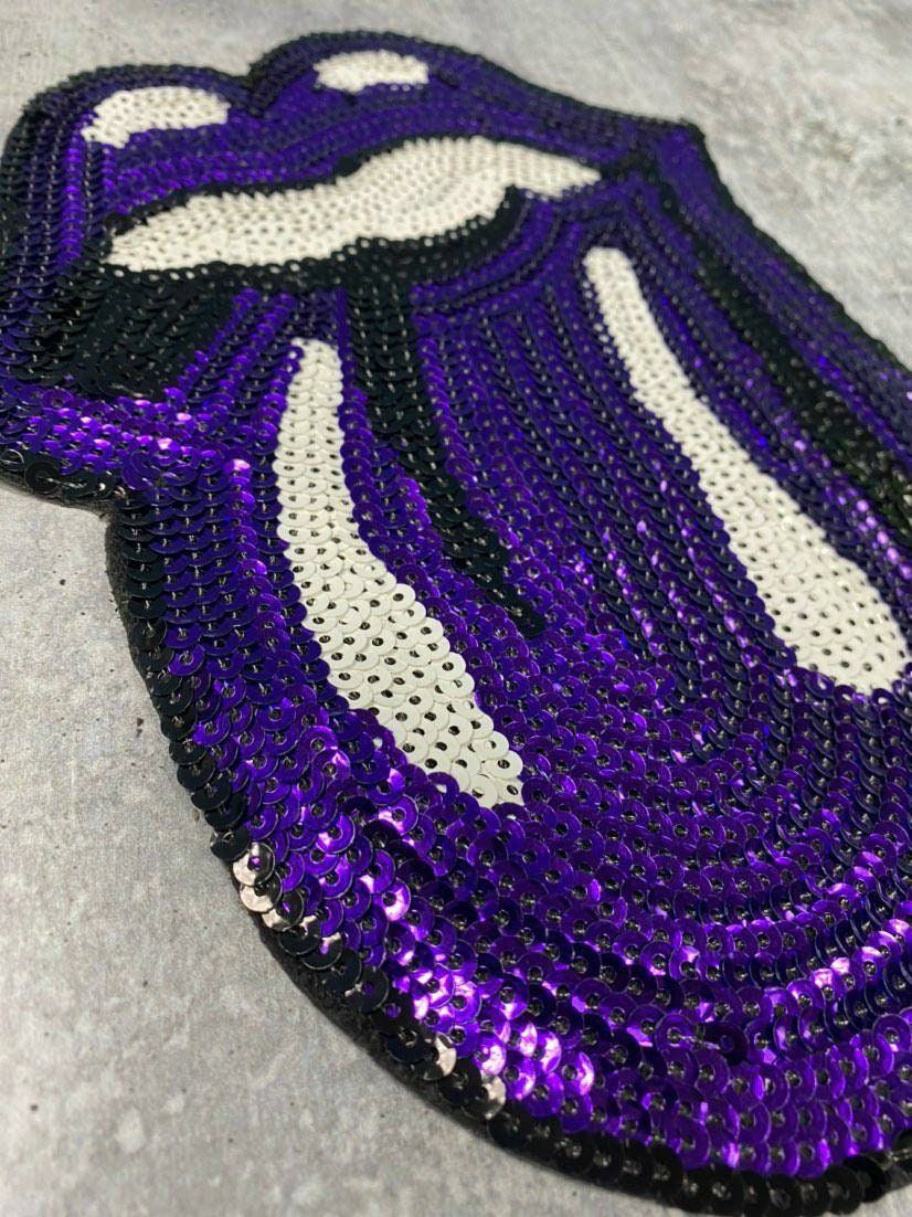 Sequins PURPLE Lips and Tongue Patch (iron-on) Size 10.5", LARGE Bling Patch for Denim Jacket, Shirts, Hoodies, and More