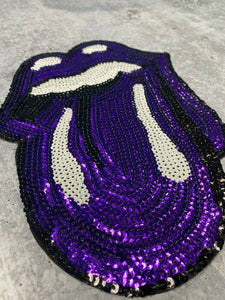 Sequins PURPLE Lips and Tongue Patch (iron-on) Size 10.5", LARGE Bling Patch for Denim Jacket, Shirts, Hoodies, and More