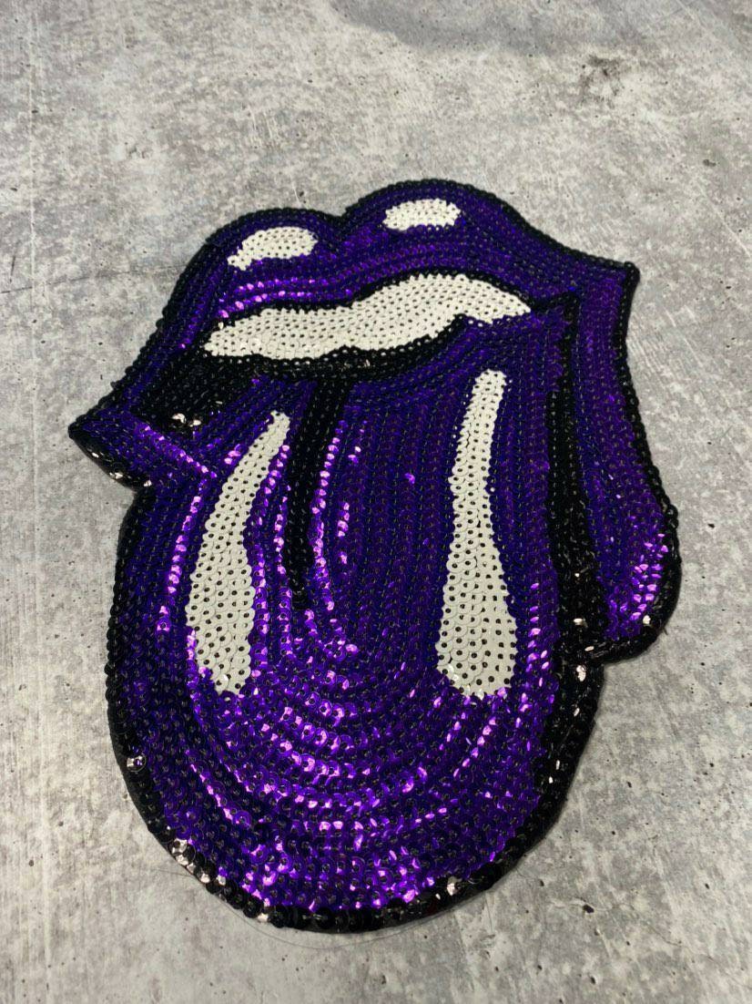 Sequins PURPLE Lips and Tongue Patch (iron-on) Size 10.5", LARGE Bling Patch for Denim Jacket, Shirts, Hoodies, and More