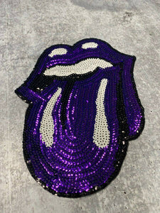 Sequins PURPLE Lips and Tongue Patch (iron-on) Size 10.5", LARGE Bling Patch for Denim Jacket, Shirts, Hoodies, and More