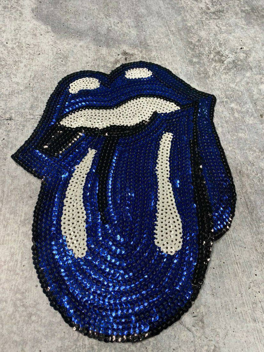 Sequins BLUE Lips and Tongue Patch (iron-on) Size 10.5", LARGE Bling Patch for Denim Jacket, Shirts, Hoodies, and More